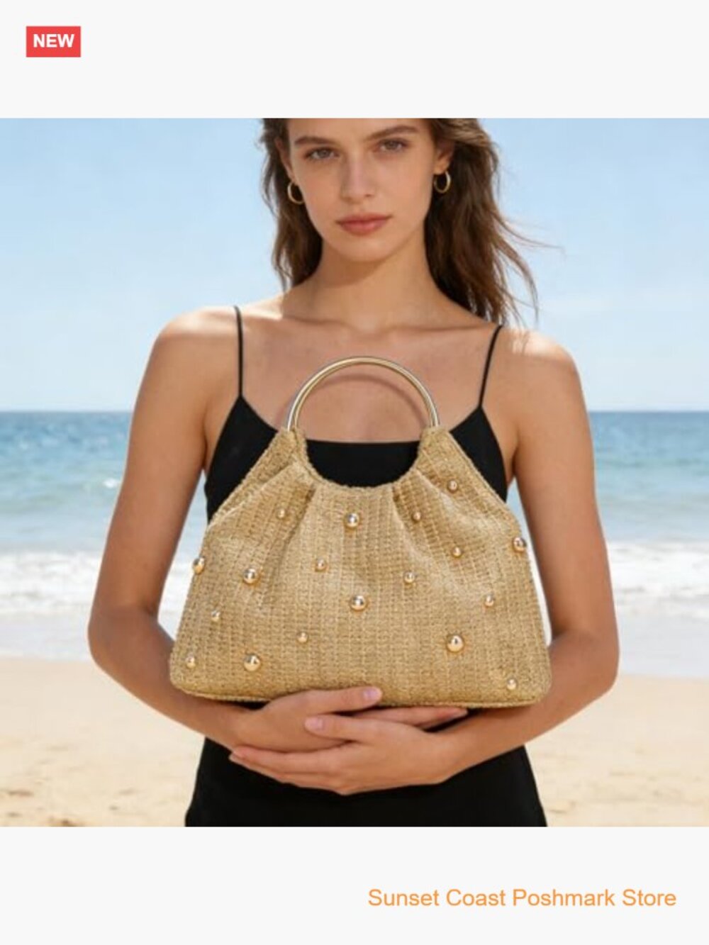 Straw Woven Beaded Top Handle Handbag Raffia Evening Purse Wedding Clutch - Picture 2 of 6